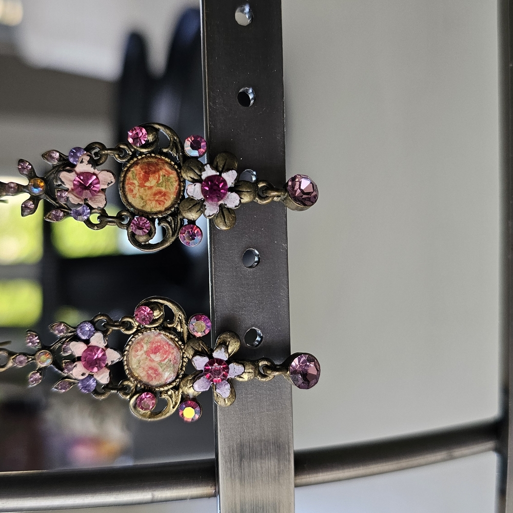 Vintage Style Floral Earrings with Pink and Purple Gems